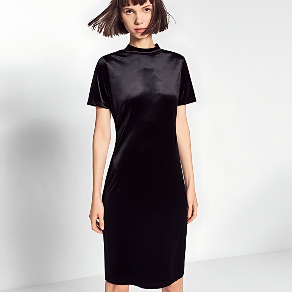 Like New Zara Womens Black Velour Mock Neck Midi Bodycon Dress